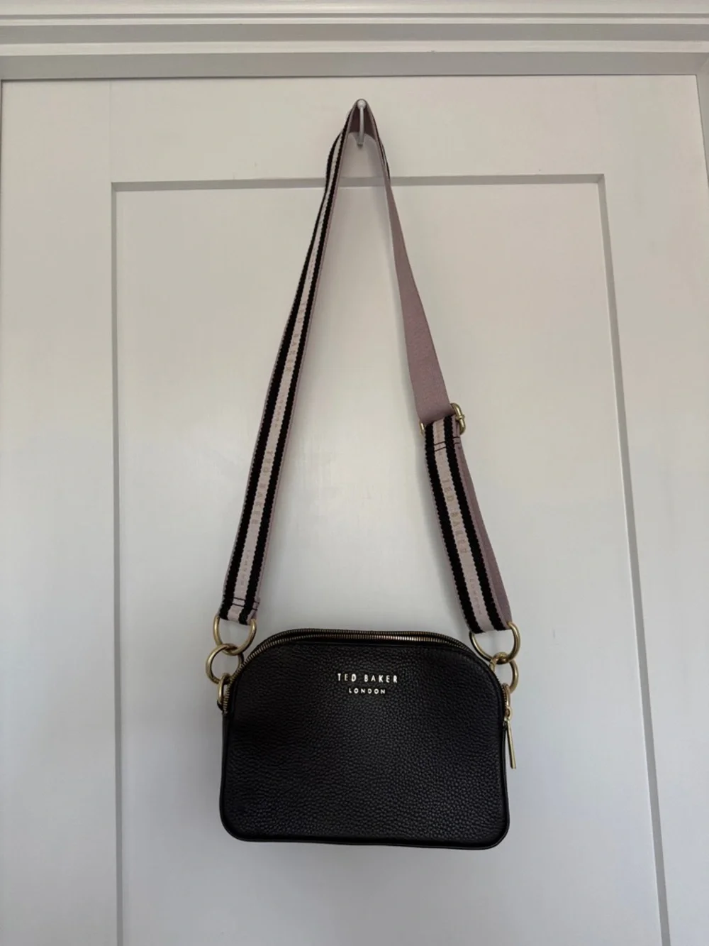 Ted Baker Black Pebbled Leather Crossbody with Pink and Black Striped Strap - Picture 2 of 7